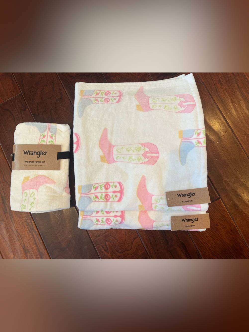 Wrangler Bath and Hand Towel Set with Pink Cowboy Boot Print